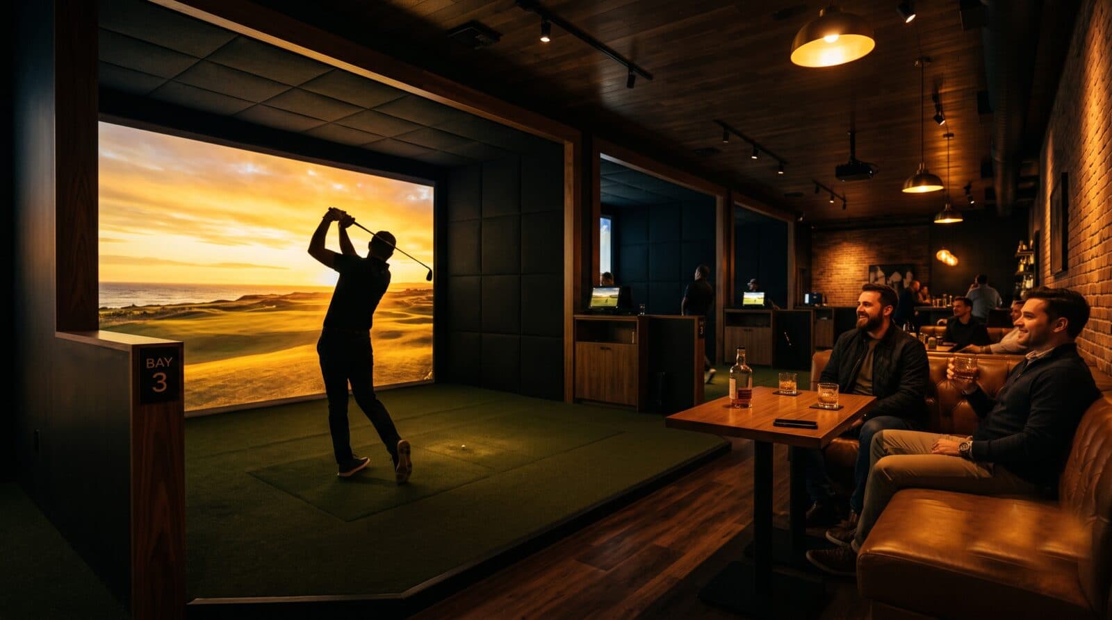 A golfer takes a swing in an indoor simulator bay while friends watch from the lounge