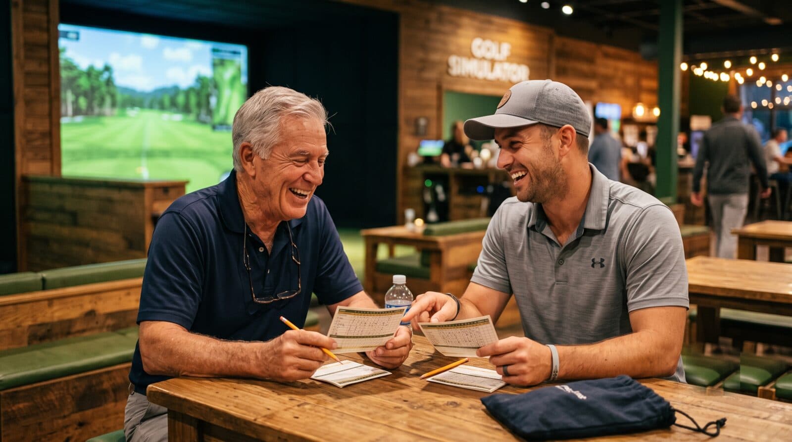 An older and a younger golfer laugh while comparing scorecards at an indoor golf simulator